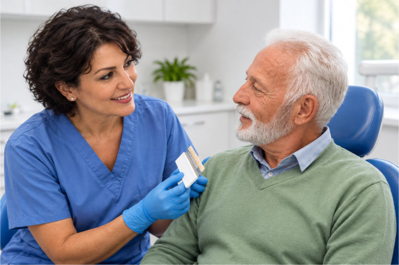 A dental hygienist showing a tooth-shade guide to a smiling older patient.